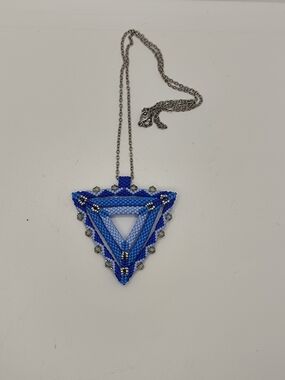 Blue Triangular Beaded Pendant Necklace with Silver Chain